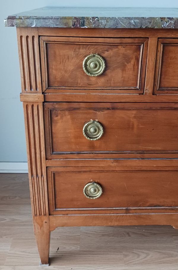 France, 18th century - large neoclassical chest of drawers - mahogany finish, gilded bronzes and Flanders marble