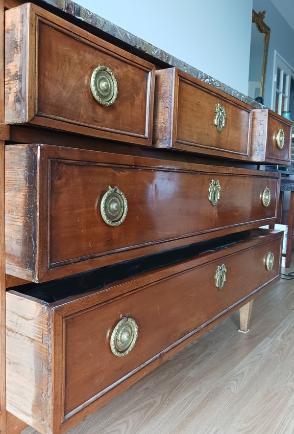 France, 18th century - large neoclassical chest of drawers - mahogany finish, gilded bronzes and Flanders marble