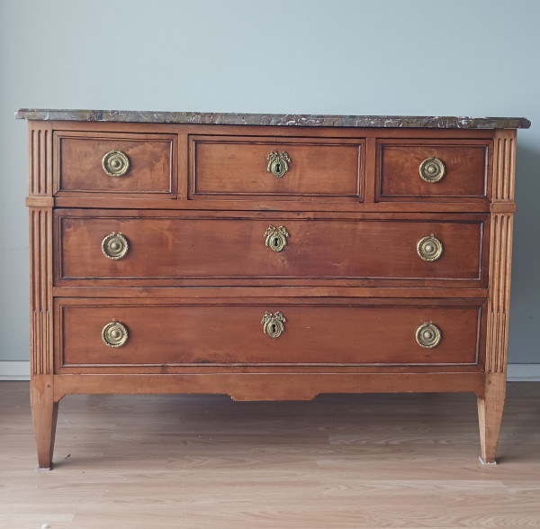 France, 18th century - large neoclassical chest of drawers - mahogany finish, gilded bronzes and Flanders marble