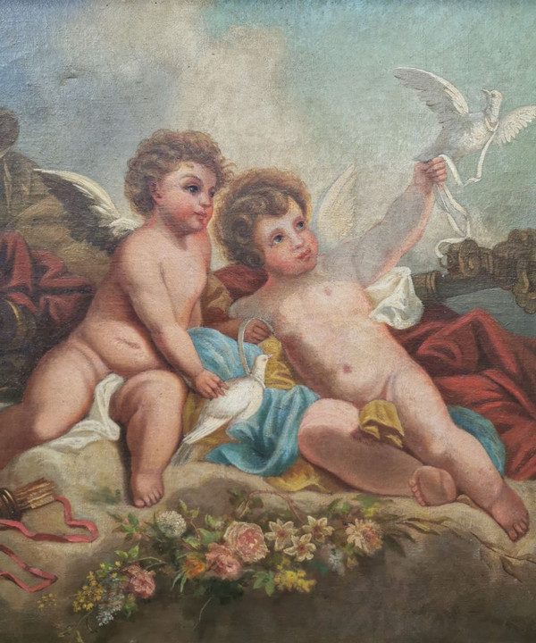 Oil on canvas - "Two cherubs with doves"