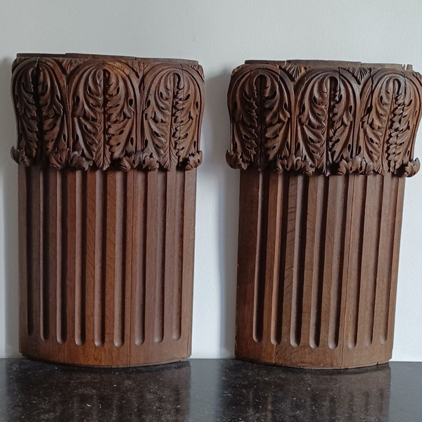 Pair of large pilaster capitals - woodwork - natural oak - Louis XVI