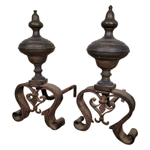 Pair Of Bronze And Wrought Iron Andirons, 19th Century