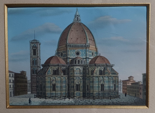 Souvenir du Grand Tour - veduti du Duomo de Florence - cadre en pitchpin époque Louis Philippe