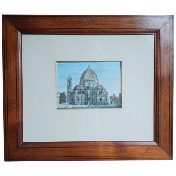 Souvenir du Grand Tour - veduti du Duomo de Florence - cadre en pitchpin époque Louis Philippe