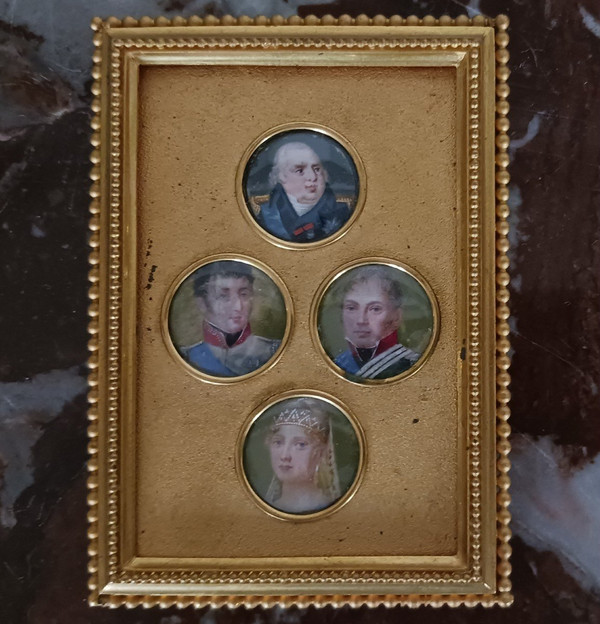 Frankreich, Restaurationszeit - Folge von 4 royalistischen Miniaturen - königliche Familie - moderner Rahmen