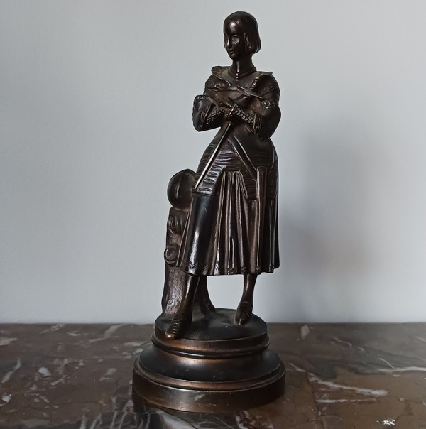 Marie d'Orléans - seltene kleine betende Jeanne d'Arc - patinierte Bronze - Troubadour-Genre