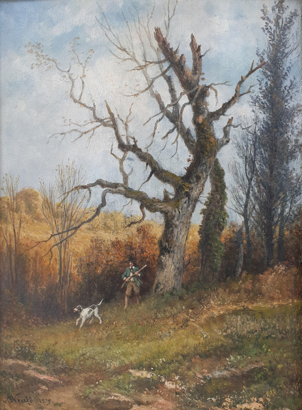 Nicolas RENIE Barbizon hunter hound hunt French landscape forest 19th