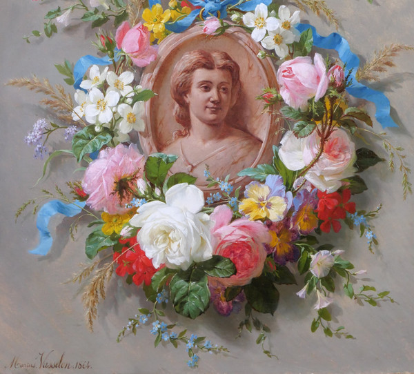 Marius VASSELON 1841-1924 Natura morta di fiori estivi con ritratto di donna, dipinto, 1864