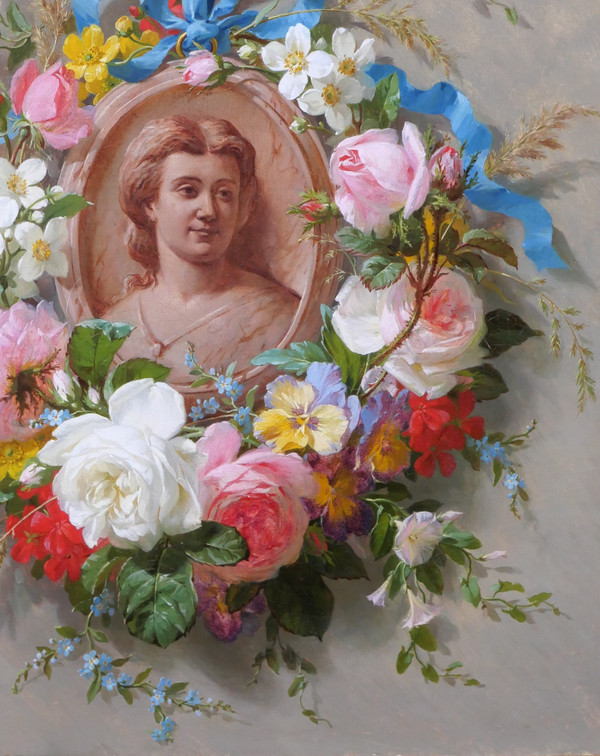 Marius VASSELON 1841-1924 Natura morta di fiori estivi con ritratto di donna, dipinto, 1864