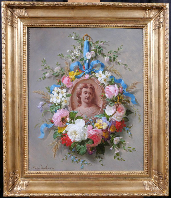 Marius VASSELON 1841-1924 Natura morta di fiori estivi con ritratto di donna, dipinto, 1864