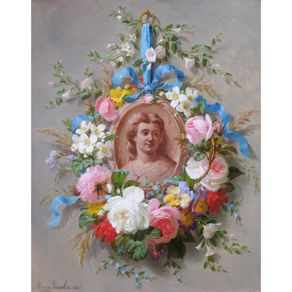 Marius VASSELON 1841-1924 Natura morta di fiori estivi con ritratto di donna, dipinto, 1864