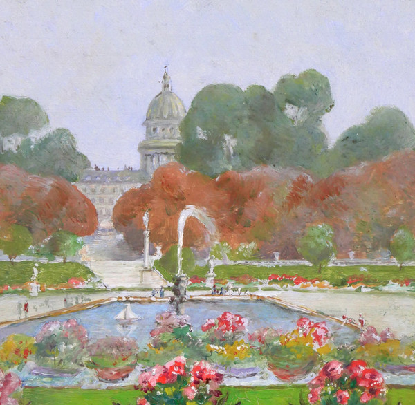 Gaston Gérard 1859-? Parigi, i Giardini del Lussemburgo e il Pantheon, dipinto, 1885-90 ca.