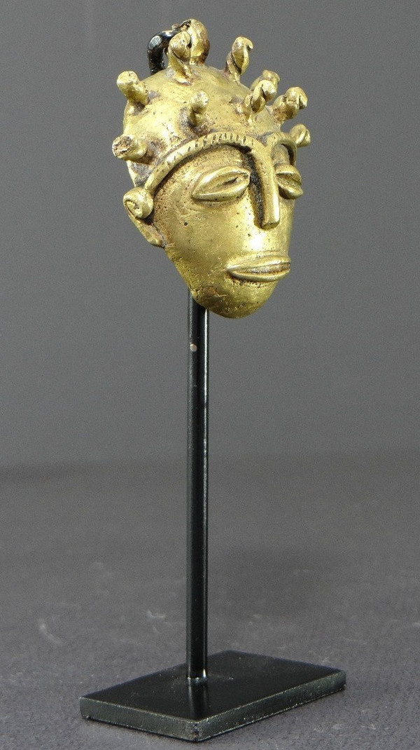 Côte d'Ivoire, Peuple Baoulé, Années 1950/1960, Masque Miniature Anthropomorphe En Bronze. 