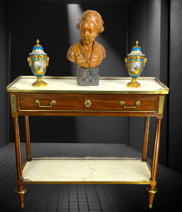 18th CENTURY LOUIS DESSERTE IN BRONZE GOLDEN CASHWOOD WITH 2 WHITE MARBLE PLATES