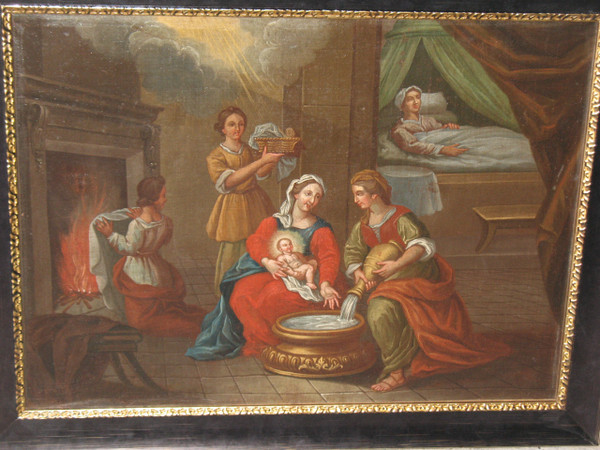 The Bathing of the Nativity Child oil on canvas Italian school large religious painting 17th c.