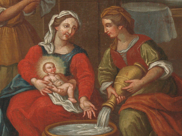 The Bathing of the Nativity Child oil on canvas Italian school large religious painting 17th c.