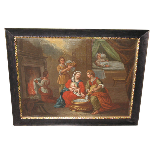 The Bathing of the Nativity Child oil on canvas Italian school large religious painting 17th c.