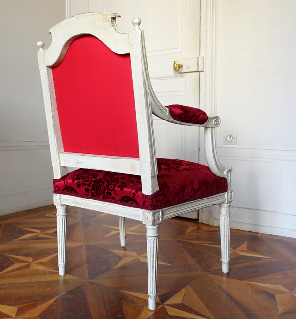 Louis XVI period desk armchair in carved wood and Genoa velvet