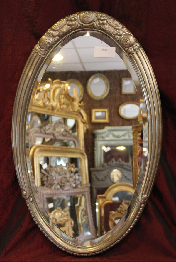 Art-deco Silver Metal Oval Mirror (Süe Et Mare), Beveled Glass 52 X 83 Cm