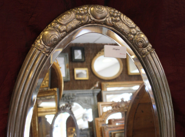 Art-deco Silver Metal Oval Mirror (Süe Et Mare), Beveled Glass 52 X 83 Cm