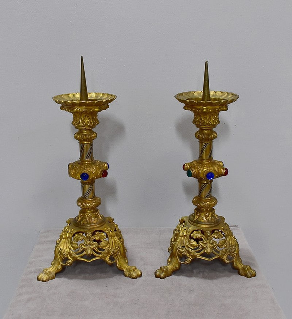 Coppia di Candelieri in Bronzo Dorato e Ottone – 1900