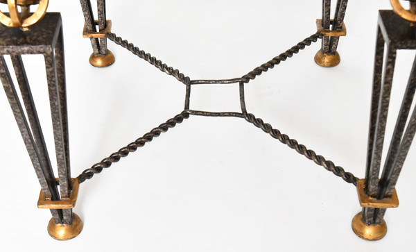 Square coffee table in the style of Gilbert Poillerat in lacquered and gilded metal and wrought iron