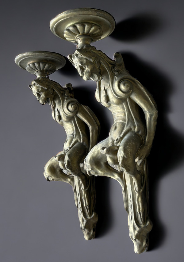 Large Pair Of Sconces In Wood And Gilded Boiled Cardboard Late 19th Century H 85 Cm