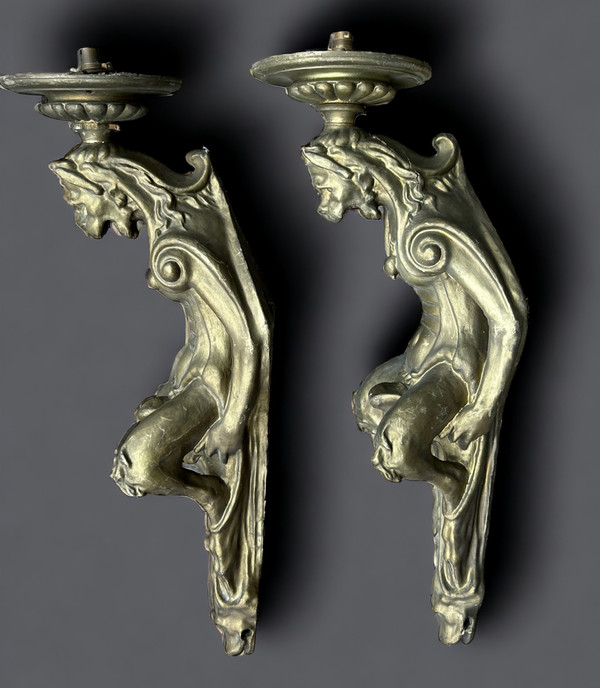 Large Pair Of Sconces In Wood And Gilded Boiled Cardboard Late 19th Century H 85 Cm