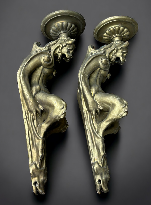 Large Pair Of Sconces In Wood And Gilded Boiled Cardboard Late 19th Century H 85 Cm