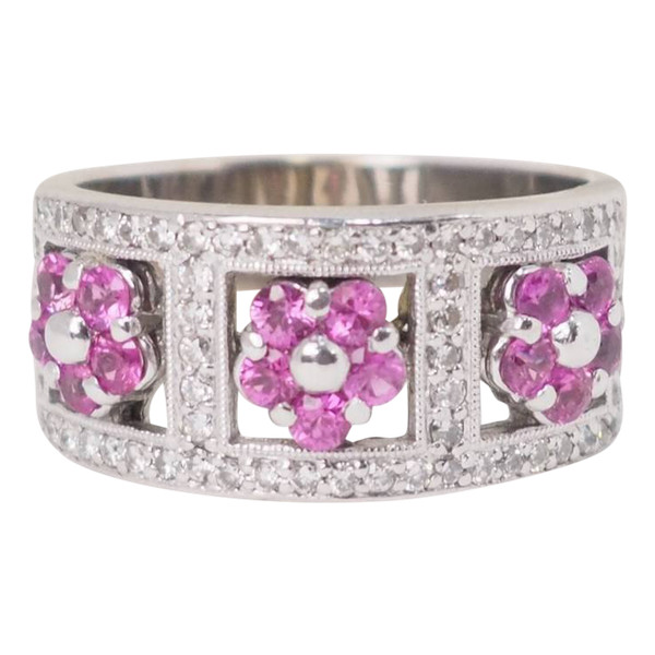 Band ring in white gold, pink topaz and diamonds