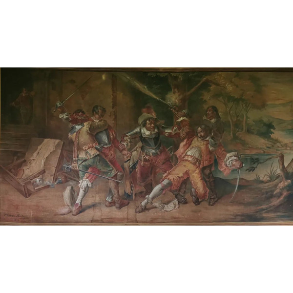 Large Oil On Decorative Canvas 3m70, The Musketeers 1893