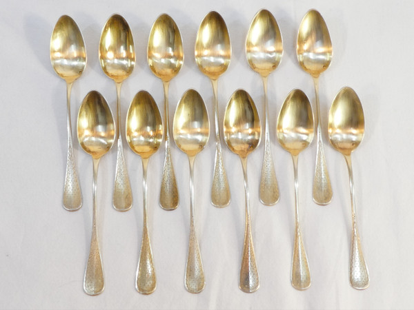 BOX OF 12 small spoons and sugar tongs STERLING SILVER vermeil H. SOUFFLOT