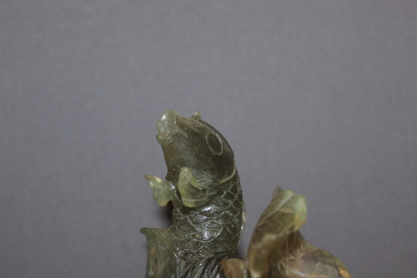 Koi Carp In Carved Green Stone Origin China XX