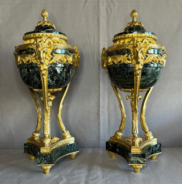 Pair of Louis XVI style Cassolettes in gilded bronze and green marble 19th century