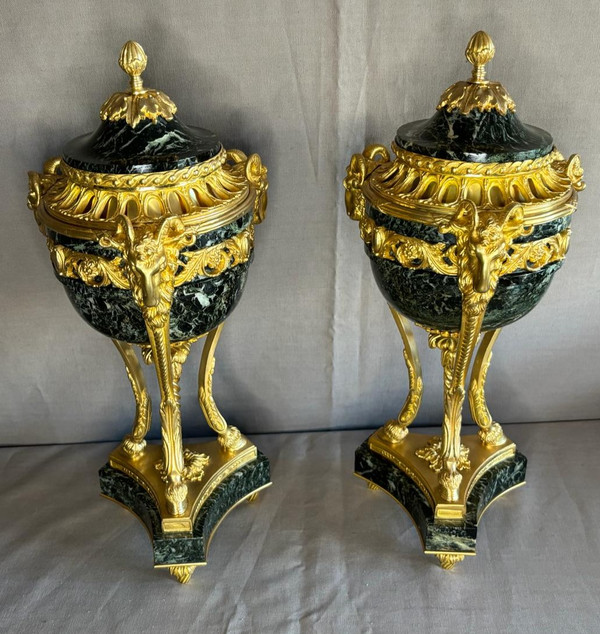 Pair of Louis XVI style Cassolettes in gilded bronze and green marble 19th century