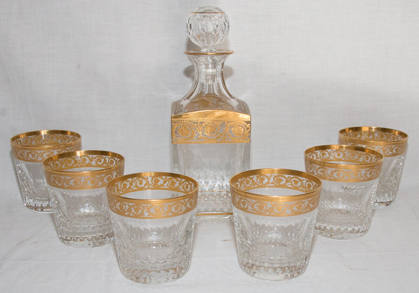 6 Saint Louis Crystal Whiskey Glasses and Carafe Thistle Gold Model