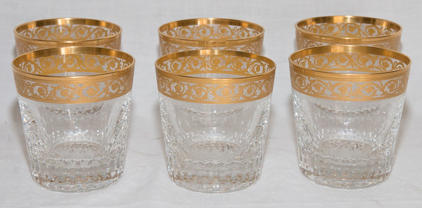 6 Saint Louis Crystal Whiskey Glasses and Carafe Thistle Gold Model