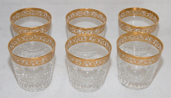 6 Saint Louis Crystal Whiskey Glasses and Carafe Thistle Gold Model