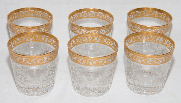 6 Saint Louis Crystal Whiskey Glasses and Carafe Thistle Gold Model