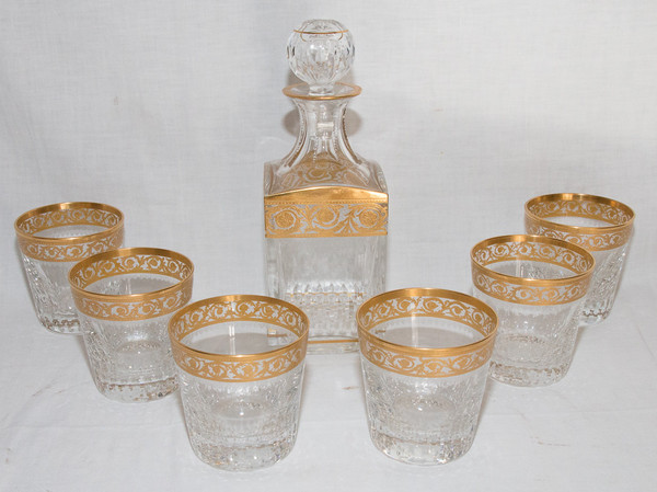 6 Saint Louis Crystal Whiskey Glasses and Carafe Thistle Gold Model