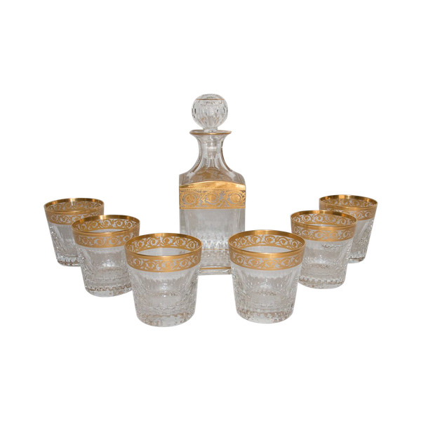 6 Saint Louis Crystal Whiskey Glasses and Carafe Thistle Gold Model