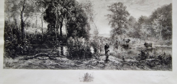 Barbizon landscape Etching Engraving By Brunet-Debaines After Corot Dated 1905 old Print