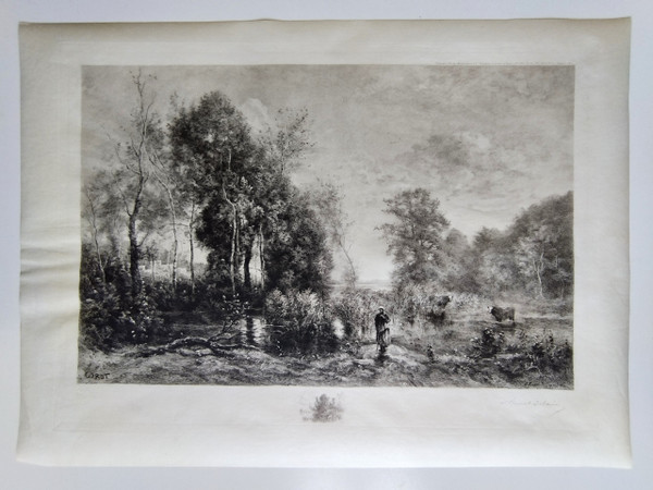 Barbizon landscape Etching Engraving By Brunet-Debaines After Corot Dated 1905 old Print