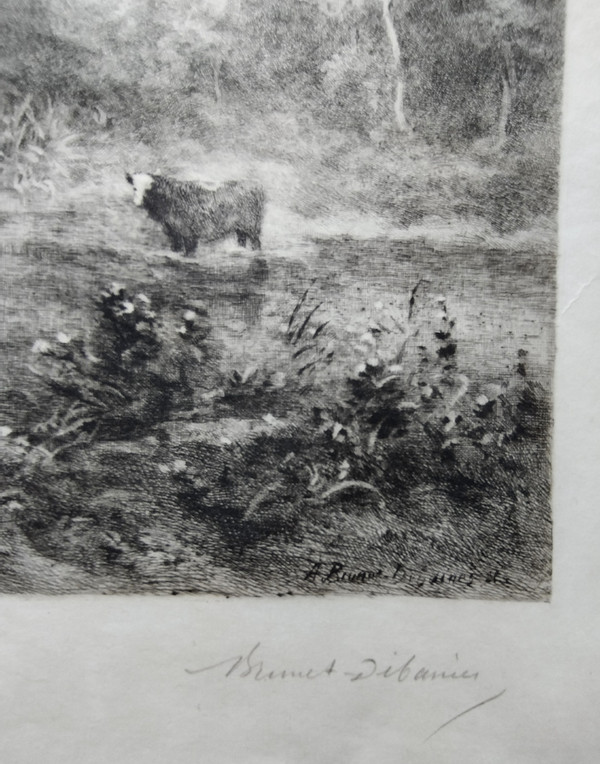 Barbizon landscape Etching Engraving By Brunet-Debaines After Corot Dated 1905 old Print