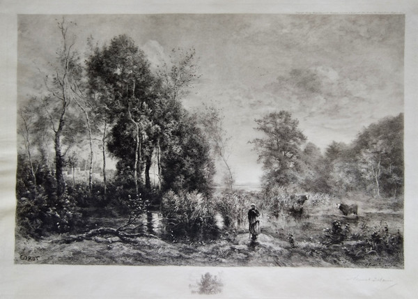 Barbizon landscape Etching Engraving By Brunet-Debaines After Corot Dated 1905 old Print