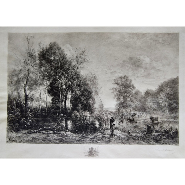 Barbizon landscape Etching Engraving By Brunet-Debaines After Corot Dated 1905 old Print