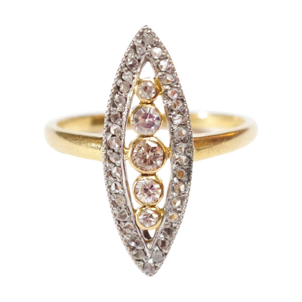 Marquise Diamanten Ring aus 18 Karat Gelbgold und Platin, Verlobungsring, Ehering