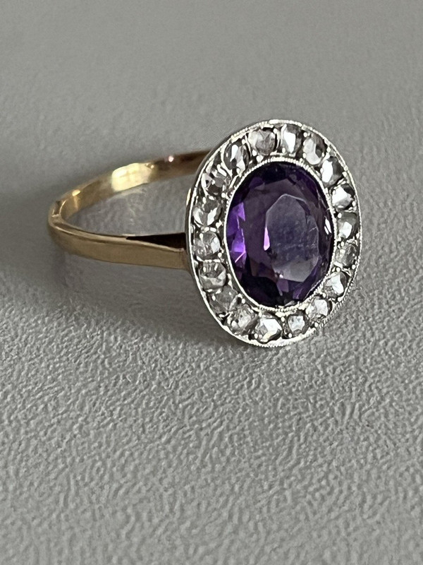 5223- Antique Gold Amethyst Diamond Ring