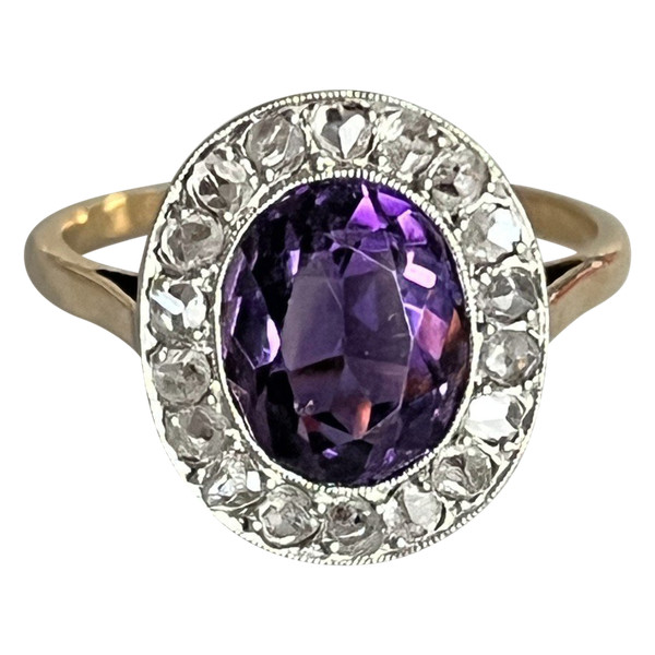 5223- Antique Gold Amethyst Diamond Ring