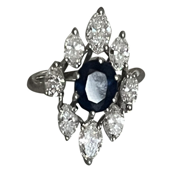 5234- Bague Or Gris Saphir Diamants Navette